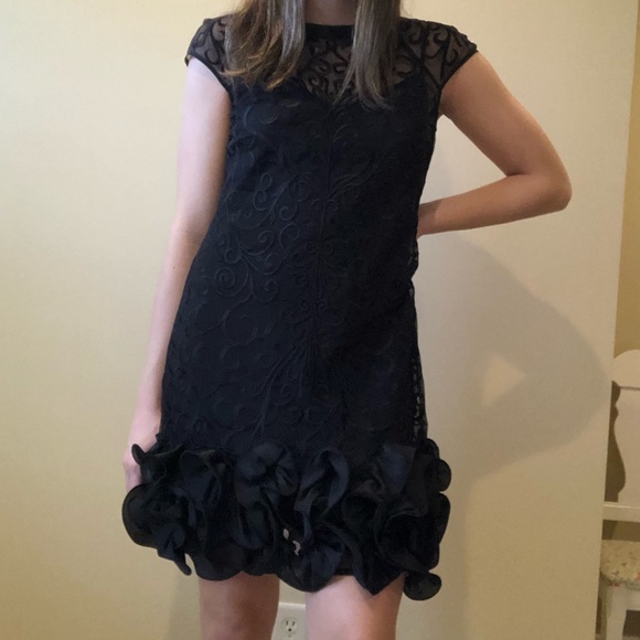 Black lace dress with ruffle trim